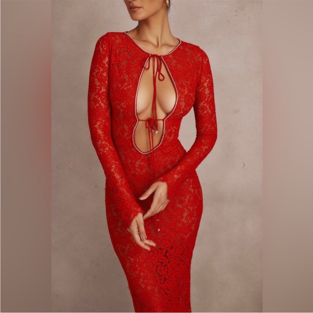 NEW House of CB Lisandra Lace Maxi Dress Red Crystal Trim Long Sleeve XS